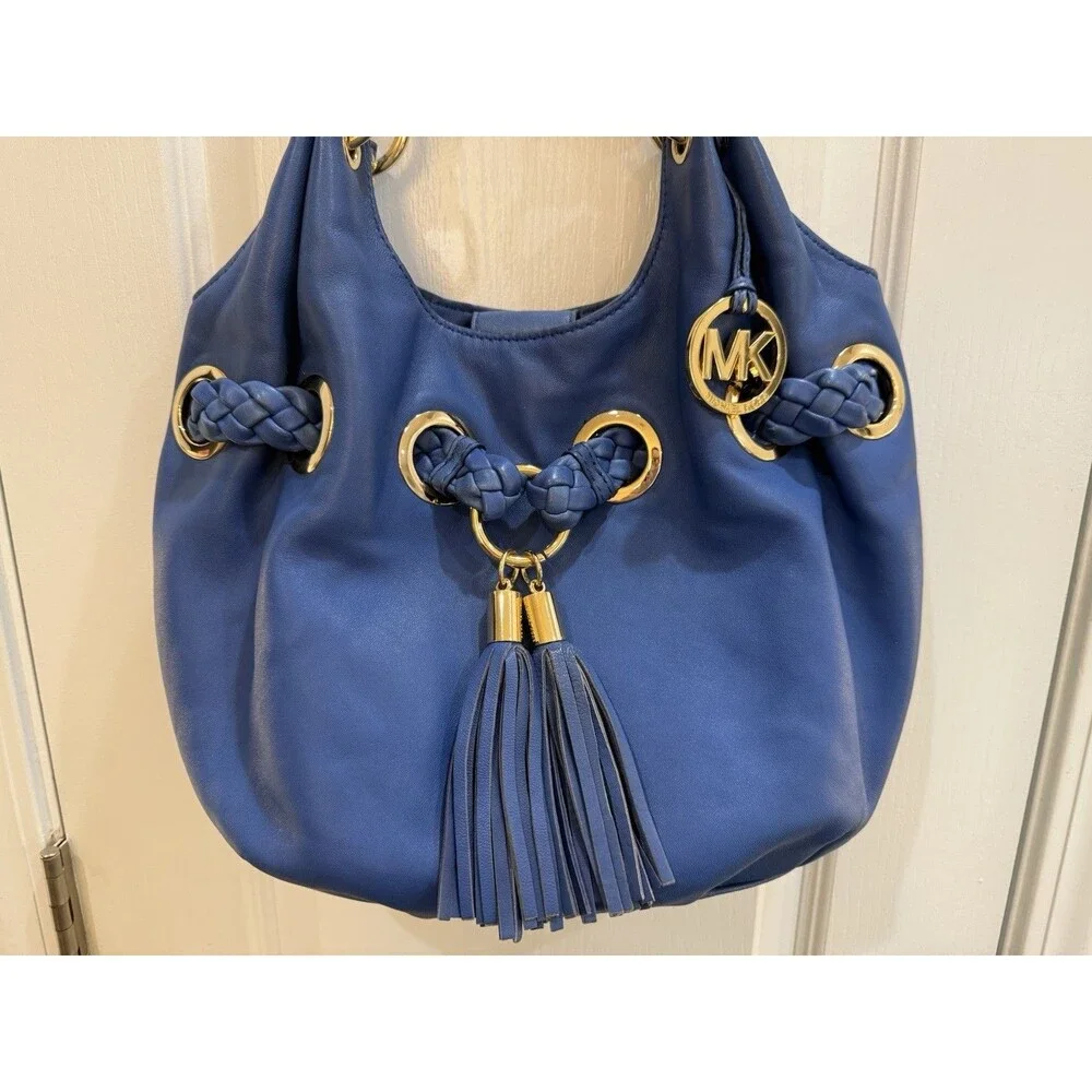 Michael Kors Shoulder Bag Braided Handle Tassel Gold Hardware Logo Charm Blue